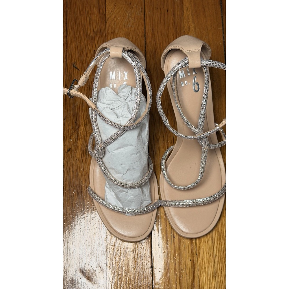 Mix No. 6 Beige/Silver Rhinestone Ankle Strap Block Heel Sandals Womens 8M